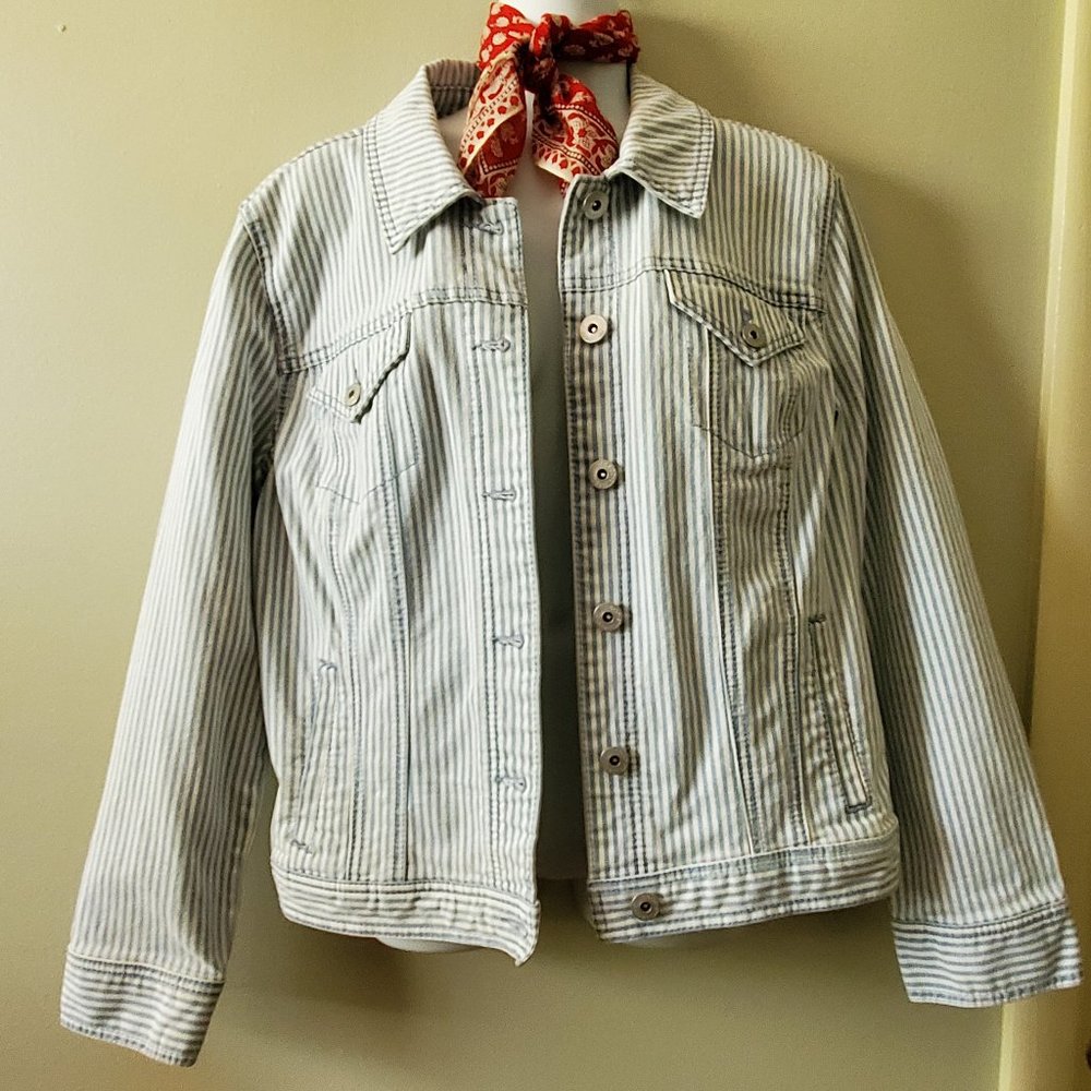 Blue/White Striped Jean Jacket - Size Large